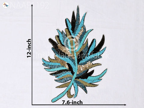 Beaded Designer Appliques in Gold and Black Appliques, 12  X  7.6 Inch Applique, Bridal Dress Embellishments Sewing Zardozi Handmade Appliques