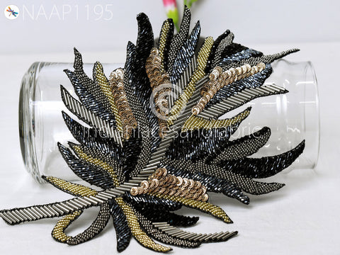 Beaded Designer Appliques in Grey, Gold and Black Patches, Bridal Dress Embellishments Sewing Zardozi Handmade Appliques