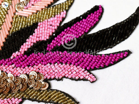 Beaded Designer Appliques in Hot Pink, Pink, Peach, Gold and Black Beads Appliques, Handcrafted Patch Embroidered Sew on Denim Jackets Shirts Patches