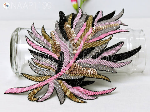 Beaded Designer Appliques in Pink, Grey, Silver, Gold and Black Appliques, Handcrafted Patch Embroidered Sew on Denim Jackets Shirts Patches