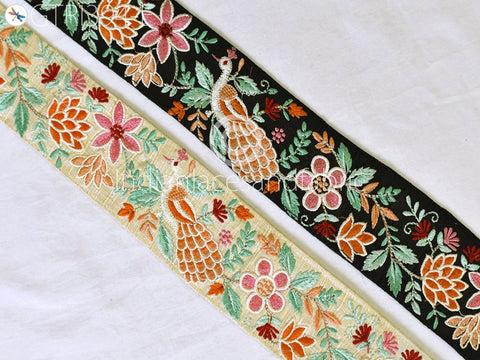 9 Yard Peach Embroidered Peacock Indian Border Crafting Fabric Ribbons Saree Sewing Decorative Trim Embellishment Dress Trimmings
