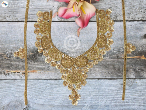Gold Sequins Neckline with Sleeves Decorative Patch, Zardosi Neck Patches, Handcrafted Beads Embroidery Applique