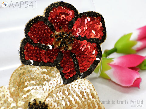 Sequins Appliques Floral Motif Design Appliques in Red and Gold Patch, Beaded Designer Handcrafted Appliques Floral Design Appliques