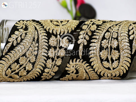 9 Yard Black 10CM Trim Embroidered Saree Gold Thread Work Silk Sari Border Trim Art Quilt Fabric Trim Crafting Sewing Costume Embellishment