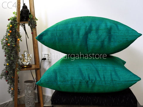 Peacock Green Dupioni Pure Silk Cushion Cover Handmade Throw Pillow