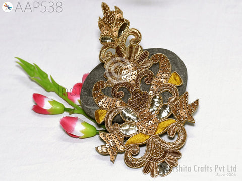 Floral Gold Applique Embroidered Indian Sewing Dresses Patches Appliques Handmade DIY Crafting Supply Beaded Cushions Patches