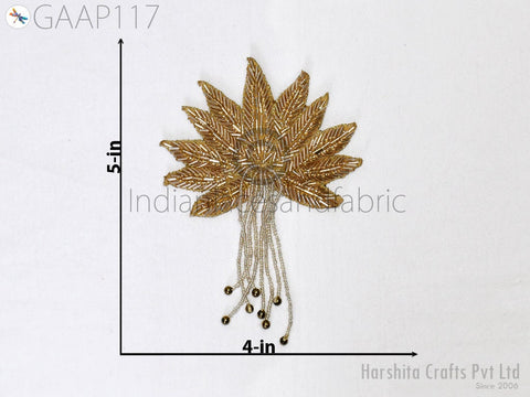 Indian Handcrafted Applique Decorative Golden Sewing Handmade Patches Beaded Applique, 3.3 Inch Applique