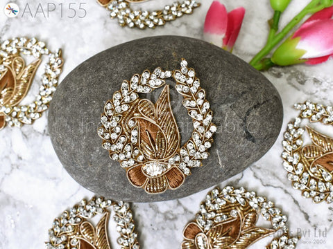 4 Pieces Indian Rhinestone Appliques Decorative Golden Appliques Patches Beaded Bridal Embroidery Handcrafted Headband Applique DIY Crafting