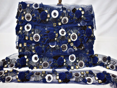 Blue Handmade 3D Beaded Trim By The Yard Laces Indian Embroidered Trimmings Ribbon Indian DIY Crafting Sari Sewing Border