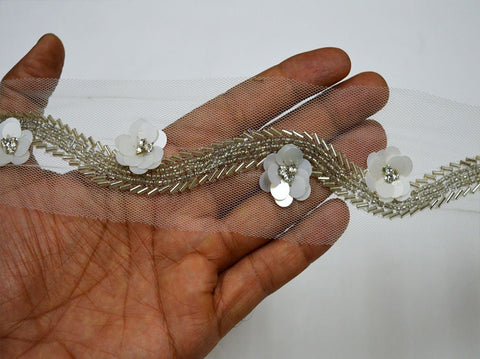 White Sequins and Silver Clear Beads, Handmade Beaded Trim by the Yard Wedding Dress Lace Decorative Ribbon