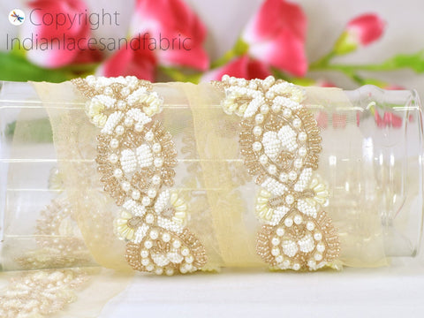 Handmade Beaded Trim by the Yard Wedding Dress Bridal Belt Sashes Lace Costume Crafting Sewing Indian Sari Border