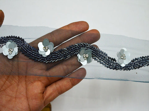 Gray Beaded sari ribbon, trim for dupatta, Decorative dresses trim, dress lace, Wedding sari ribbon