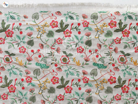 Floral Embroidered Cotton Linen Fabric, Grey Floral Fabric,Indian Fabric,Quilting Fabric,Designer Fabric,Dress Fabric By Yard
