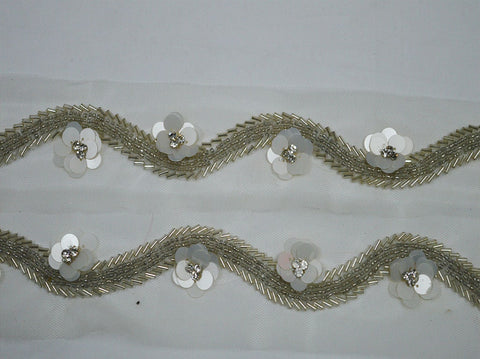 Decorative ribbon, Silver Clear Beads, Champagne Beads, Beaded sari ribbon, trim for dupatta, Decorative dresses trim, dress lace