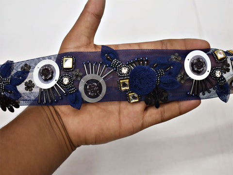 Navy Blue and Gold Handmade 3D Beaded Trim By The Yard, wedding wear lace, sequins trim, zari thread trim