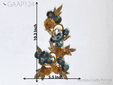 Floral Appliques, Sequins Appliques Zardozi Patches Applique Sequins Appliques, Zardozi work and Zari Thread Applique, 10.3  X  5.5 inches