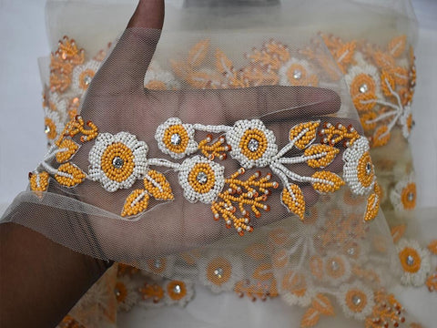White and Orange Beaded Trim by the Yard Wedding Dress Ribbon Bridal Belt Sashes Indian Laces Costumes Crafting Sewing Sari Border