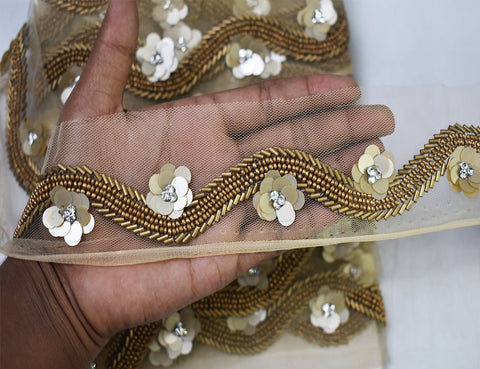 Bronze Beaded Trim by the Yard Decorative Wedding Dresses Bridal Belt Sashes Indian Laces Party Costumes Sewing Saree Border