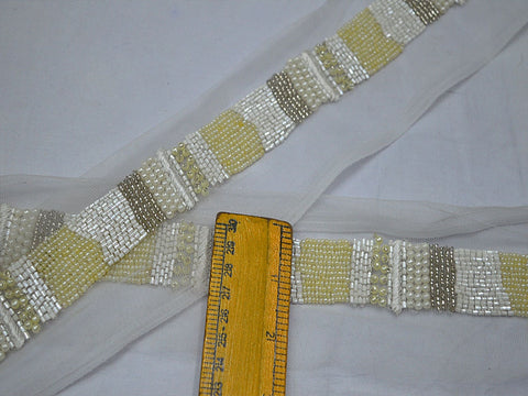 Clear, White, Ivory, Champagne Beads, Beaded sari ribbon, trim for dupatta, Decorative dresses trim, 1 inches lace