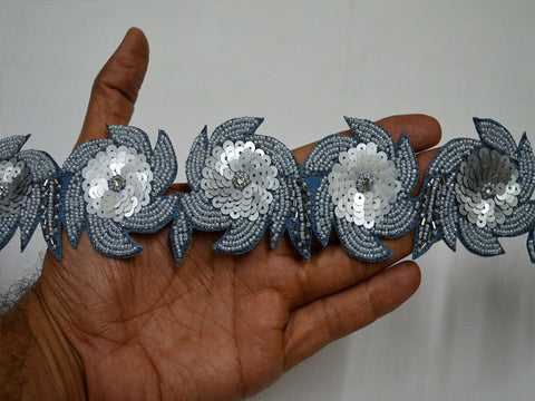 Grey Beaded Lace Trim by the Yard Handmade Wedding Dress Tapes Bridal Belt Sashes Costumes DIY Crafting Sari Border