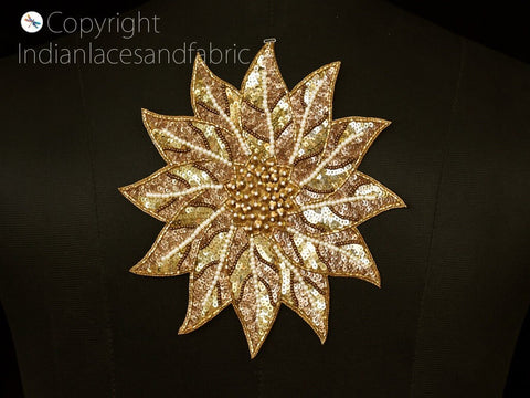 Mandala Gold Beaded Patches Applique Handmade Embroidered Floral Sequin Applique Women Dress Sewing Patches, Zardozi Patches