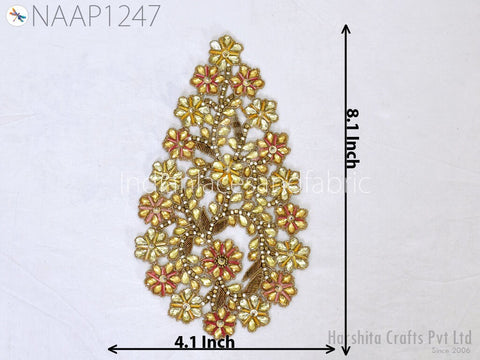 Kundan Beaded Applique, Embroidered Floral Sequin Applique Sequins Beaded Patches Appliques, Decorative Appliques, 8  X 4 Inch Appliques