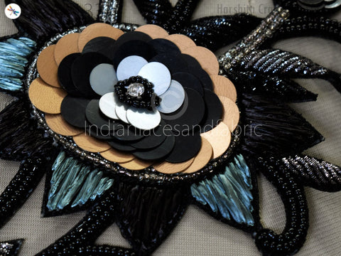 1 Piece Indian beaded floral patch showcasing intricate bugle bead and sequin detailing.