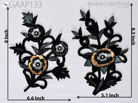 1 Piece Handmade beaded floral appliqué in black and grey tones, measuring 6" × 5.2".
