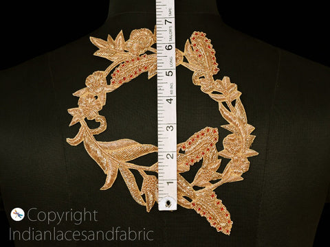 Blouse Back Patches Embroidered  Applique, Rhinestone Applique,Handcrafted Zardosi Gold Neck Patches, 7 inches Patches
