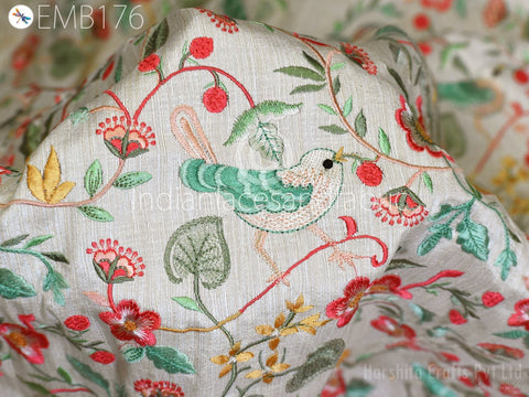 Floral Beige Multicolor Embroidered on viscose fabric, cushion cover, boho bag, wedding Party wear lehenga dress fabric