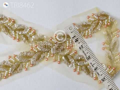 Beaded Trim By The Yard Indian Handcrafted Floral Sari Border DIY Crafting Saree Ribbon Embroidered Zari Laces Handmade Trimmings Costumes, 1.7 inches.