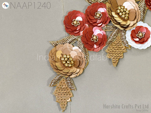 Metallic thread embroidered Neckline Patches, Zardosi Work Neckline Patch, Handcrafted Applique, Beaded Sequins Applique