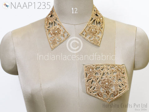 Decorative Zardosi Gold Collar Handcrafted Indian Floral Design Scrapbooking Embroidered Applique Crafting Decorated Neckline Collar Patches