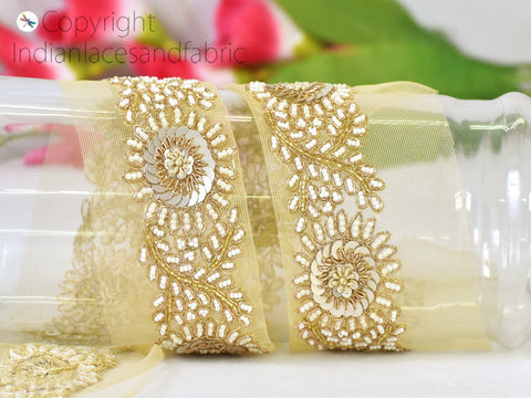 Indian Gold Beaded Trims by the Yard Wedding Dresses Ribbon Bridal Belt Sashes Laces Costumes Crafting Sewing Boutique Material Home Decor