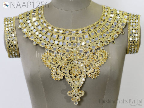 Gold Sequins Neckline with Sleeves Decorative Patch, Zardosi Neck Patches, Handcrafted Beads Embroidery Applique, Real Mirrors Patches