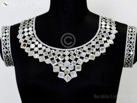Silver Neckline Neck Patches Applique with Sleeves Decorative Patch Crafting Sequins Decorated Handcrafted Beads Applique for Women Dresses