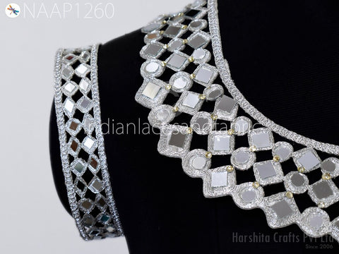 Silver Neckline Neck Patches Applique with Sleeves Decorative Patch Crafting Sequins Decorated Handcrafted Beads Applique for Women Dresses