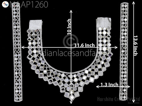 Silver mirror Zardosi neckline patch with sleeves, featuring intricate zari embroidery and bead accents, measuring 10" x 11.6".