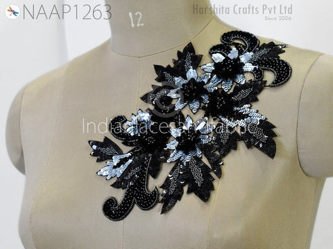Black Beaded Appliques Patch Sewing Accessories Dresses Applique DIY Crafting Handcrafted Appliques Scrap booking Appliques