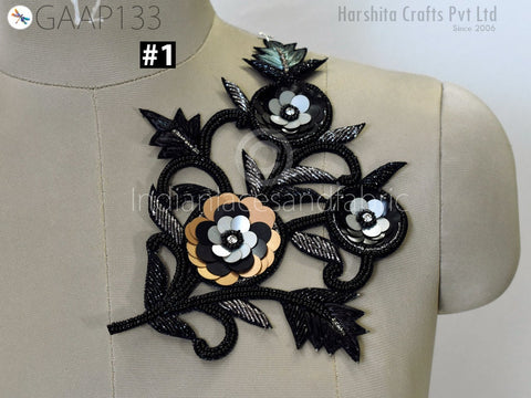 1 Piece Indian Beaded Patch Appliques Black and grey beaded floral appliqué, ideal for embellishing dresses or skirts.