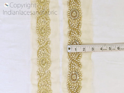 Indian Gold Beaded Trims by the Yard Wedding Dresses Ribbon Bridal Belt Sashes Laces Costumes Crafting Sewing Boutique Material Home Decor, 2 inches.