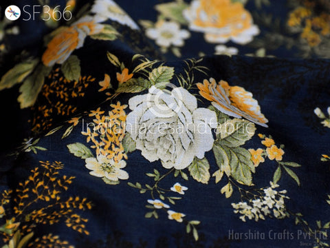 Navy Blue Indian Saree Soft Pure Printed Silk Fabric by the yard, Printed Silk, Indian Silk, Dresses Silk Fabric