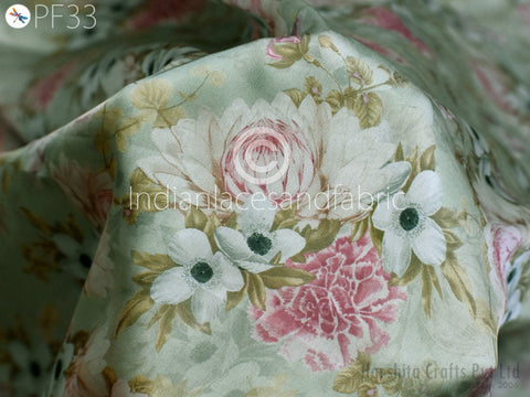 Indian Satin Georgette Print Fabric, Indian Linen Fabric, Block Print Fabric, Designer Floral Printing Fabric, Upholstery fabric