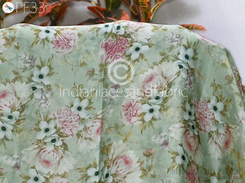 sateen Georgette - Big Dramatic Floral Print Washed Satin - Brown / Mint - Romantic / Flowy - Apparel Fabric by the Yard