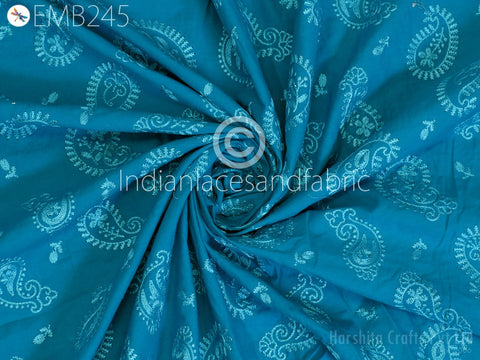 Turquoise Blue Paisley Embroidery on Dark Turquoise Blue Cambric Cotton Fabric, Quilting Fabric,Designer Fabric,Dress Fabric