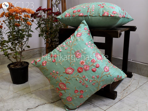 Green Embroidered Cushion Cover Handmade Embroidery Throw Pillow Decorative Home Decor Pillow Cover