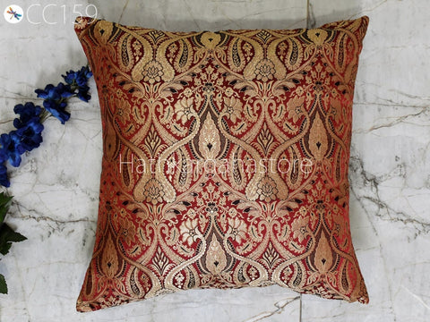 Maroon Brocade Silk Pillow Cover Handmade Lumbar Pillowcases Sham Decorative Car Cushion Home Decor House Warming Bridal Shower Wedding Gift