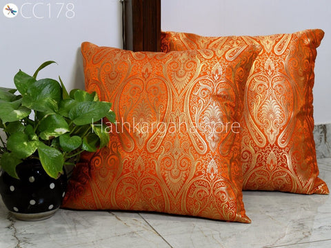 Orange Brocade Silk Pillow Cover Handmade Lumbar Pillowcases Sham Decorative Cushion Home Decor House Warming Bridal Shower Wedding Gift