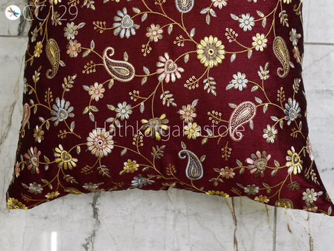 Burgundy Embroidered Cushion Cover Handmade Embroidery Throw Pillow Decorative Home Decor Pillow