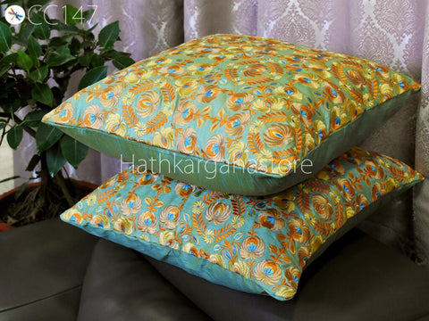 Mint Green Embroidered Throw Pillow Square Decorative Home Decor Pillow Cover Handmade Embroidery Cushion Cover